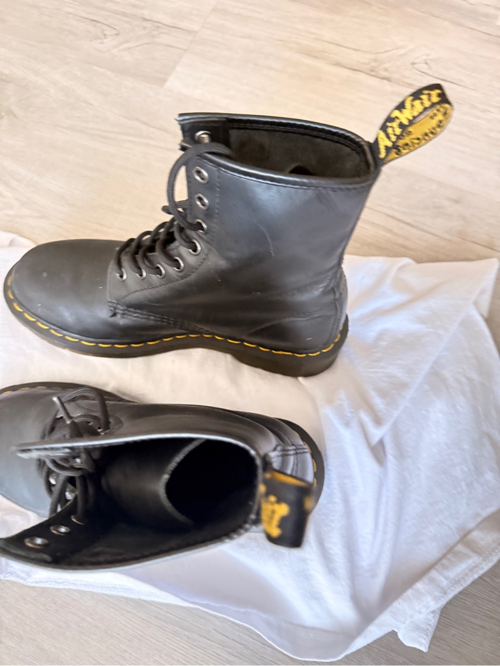 Dr. Martens Kids Black Leather Lace-Up Ankle Boots with Yellow Stitching